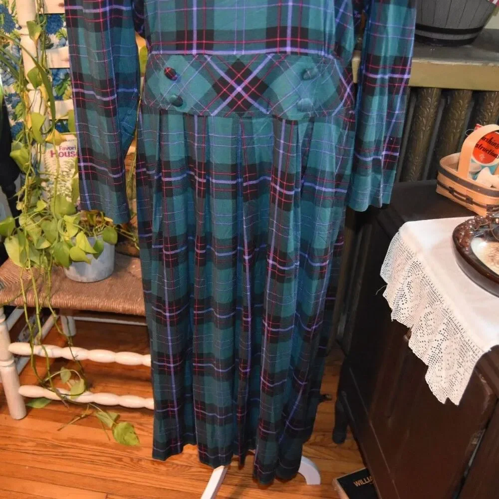Vintage 90s Karin Stevens KSL Plaid Midi Dress Drop Waist Pleated 1X